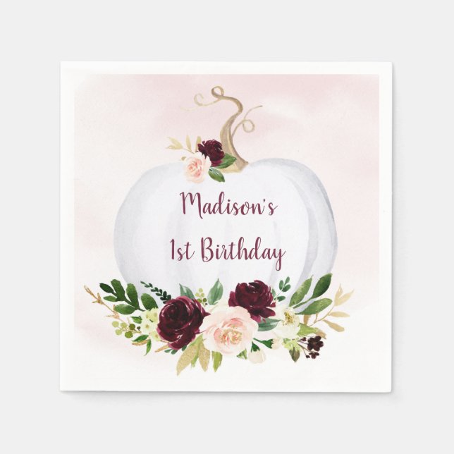 Little Pumpkin Pink Gold Burgundy Birthday Napkin (Front)