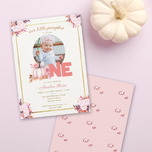 Little Pumpkin Pink Gold Fall Leaves 1st Birthday Invitation