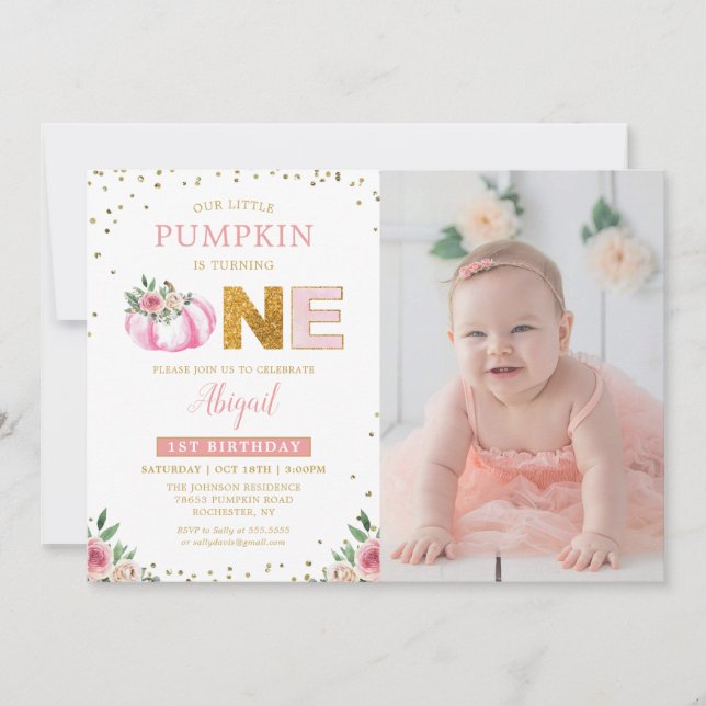 Little Pumpkin Pink Gold Floral 1st Birthday Photo Invitation (Front)