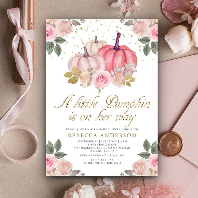 Little Pumpkin Pink Gold Floral Baby Shower Invitation (Creator Uploaded)