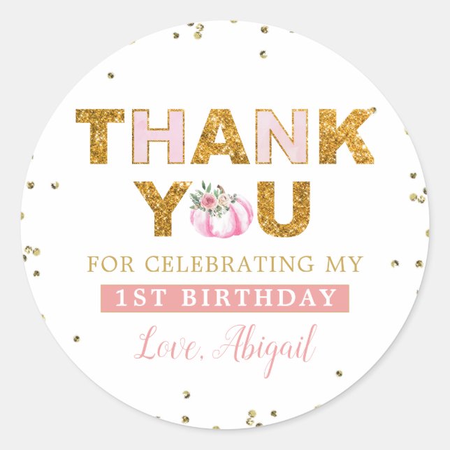 Little Pumpkin Pink Gold Floral Girl 1st Birthday Classic Round Sticker (Front)
