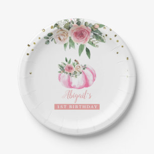 Little Pumpkin Pink Gold Floral Girl 1st Birthday Paper Plate