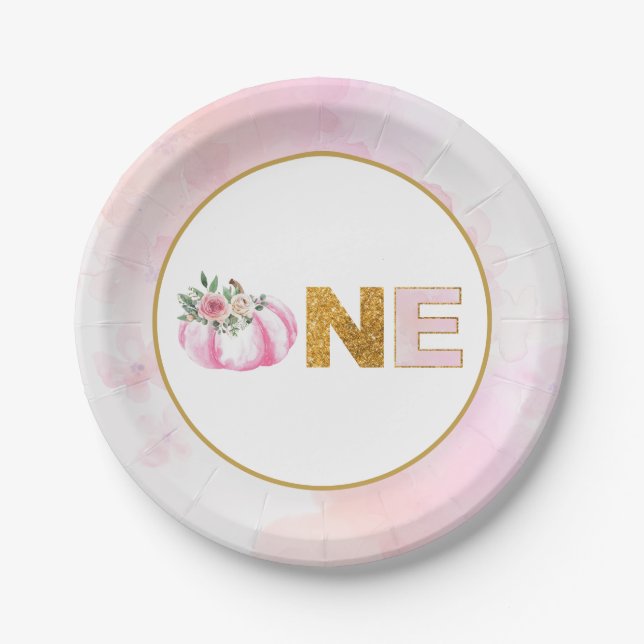 Little Pumpkin Pink Gold Floral Girl 1st Birthday Paper Plate (Front)