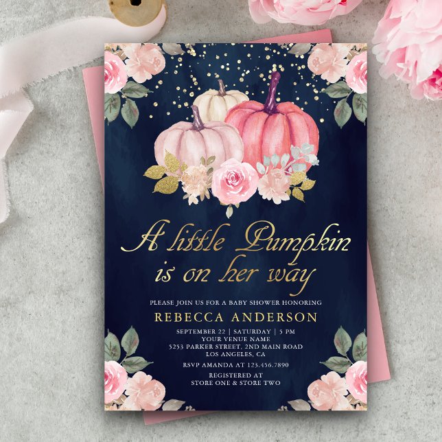 Little Pumpkin Pink Gold Floral Navy Baby Shower Invitation (Creator Uploaded)