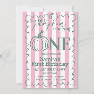 Little Pumpkin Pink Green Fall Autumn 1st Birthday Invitation