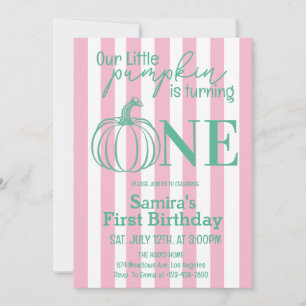 Little Pumpkin Pink Green Fall Autumn 1st Birthday Invitation