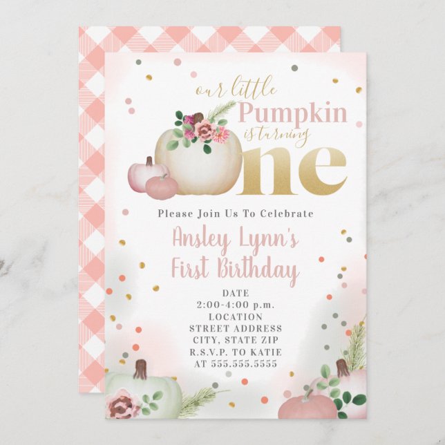 Little Pumpkin Pink Plaid First Birthday Invitation (Front/Back)