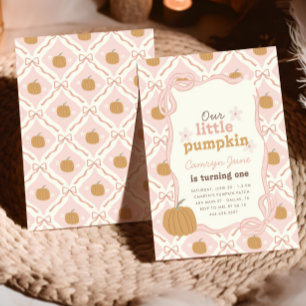 Little Pumpkin Pink Preppy Coquette 1st Birthday  Invitation