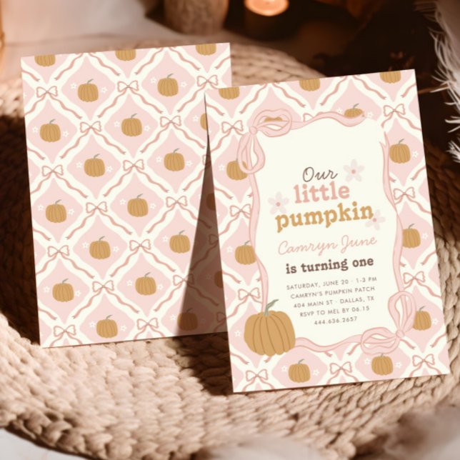 Little Pumpkin Pink Preppy Coquette 1st Birthday  Invitation (Creator Uploaded)