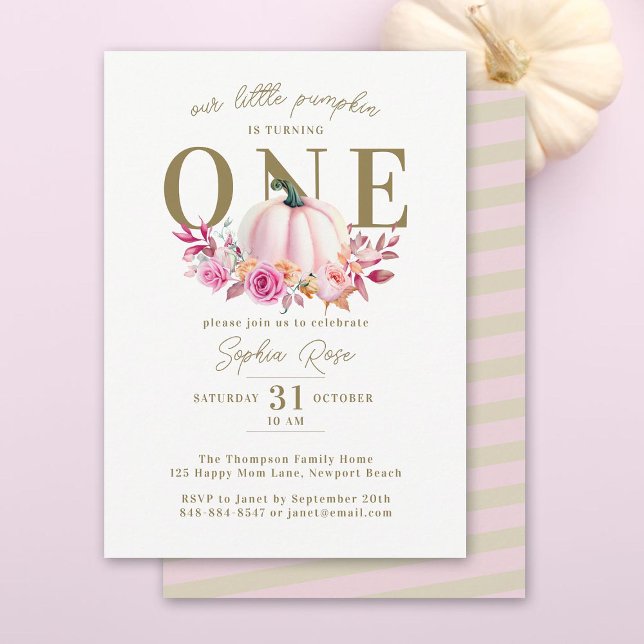 Little Pumpkin Pink Roses 1st Elegant Birthday Invitation (little pumpkin turning one girl first birthday party invitation pink roses watercolor elegant boho)