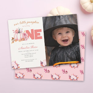 Little Pumpkin Pink Roses Fall Leaves 1st Birthday Invitation