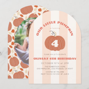 Little Pumpkin Pink Stripes Girl Photo Birthday Invitation