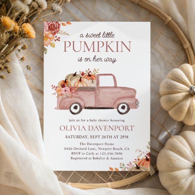 Little Pumpkin Pink Truck Fall Girl Baby Shower Invitation (Creator Uploaded)