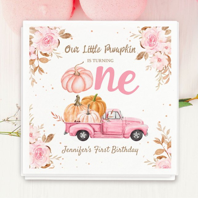Little Pumpkin Pink Truck Girl Fall 1st Birthday Napkin (Creator Uploaded)