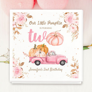 Little Pumpkin Pink Truck Girl Fall 2nd Birthday Napkin