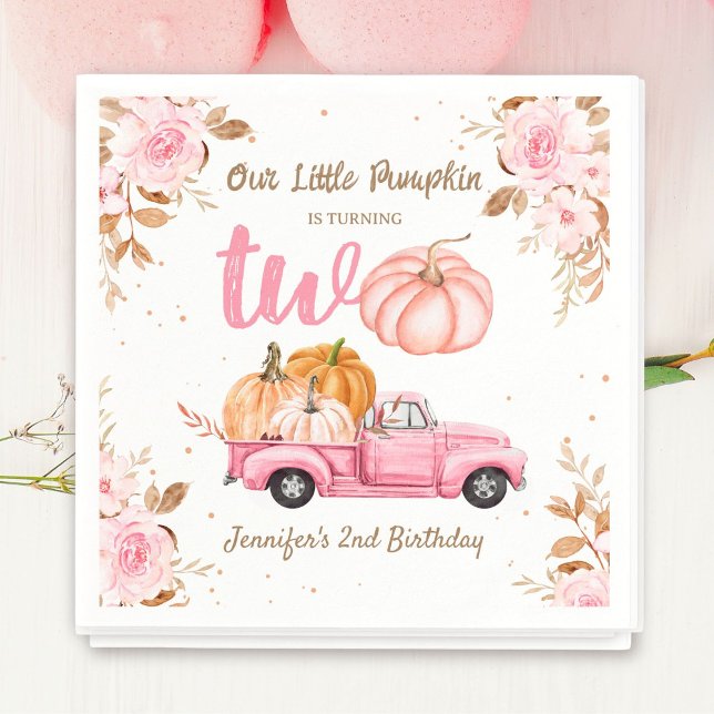 Little Pumpkin Pink Truck Girl Fall 2nd Birthday Napkin (Creator Uploaded)