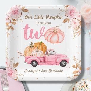 Little Pumpkin Pink Truck Girl Fall 2nd Birthday Paper Plate