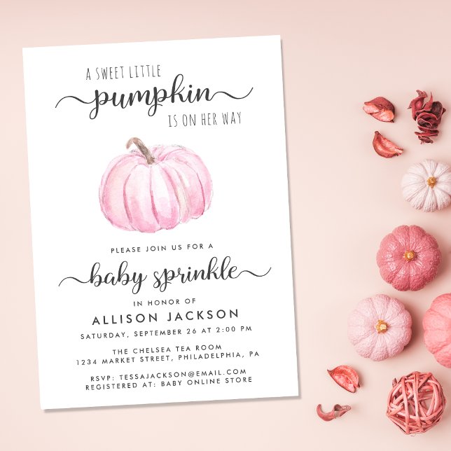 Little Pumpkin Pink Watercolor Baby Girl Sprinkle Invitation (Celebrate the upcoming arrival of your sweet little autumn baby with a pumpkin-themed baby sprinkle)