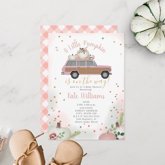 Little Pumpkin Pink Wood SUV Girl Fall Baby Shower Invitation (Creator Uploaded)