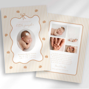 Little Pumpkin Preppy Bow Stripe Birth Announcemen Announcement