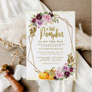 little pumpkin purple floral baby shower invitation