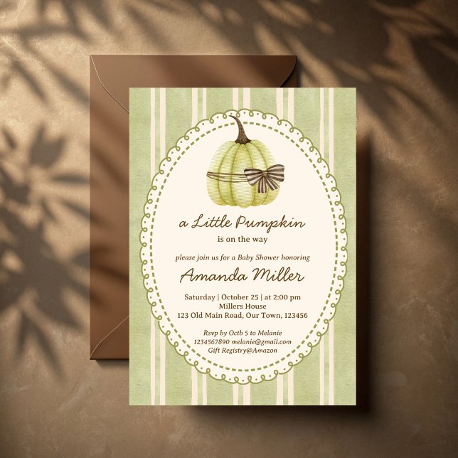 Little pumpkin retro stripes baby shower invitation (Little pumpkin sage green retro stripes gender neutral fall baby shower invitation cards template)