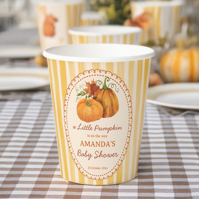 Little pumpkin retro stripes baby shower monogram paper cups (Little pumpkin retro yellow stripes fall baby shower personalized printed paper cups)