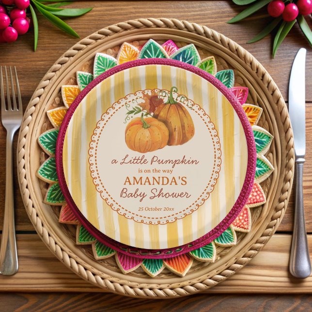 Little pumpkin retro stripes baby shower monogram paper plate (Little pumpkin retro yellow stripes fall baby shower monogrammed paper plates personalized decor)