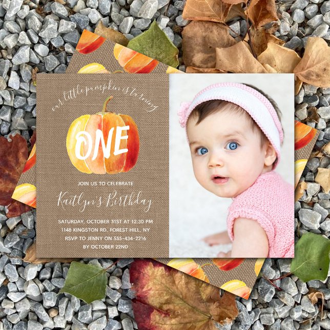 Little Pumpkin Rustic Burlap 1st Birthday Photo Invitation (Creator Uploaded)