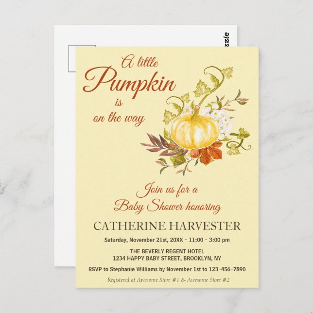 Little Pumpkin Rustic Fall Baby Shower Invitation Postcard (Front/Back)