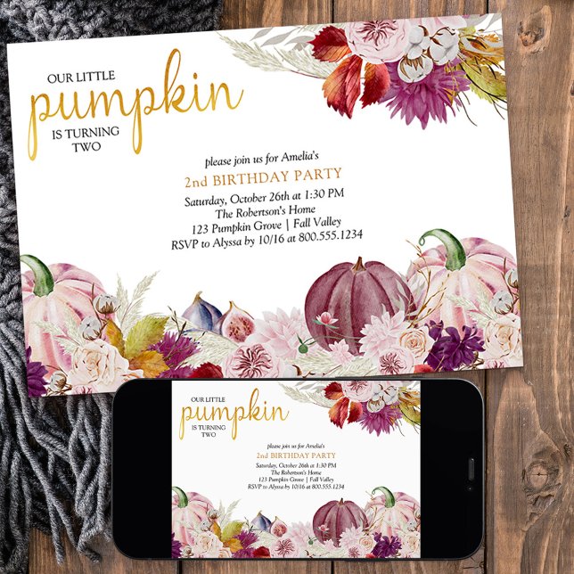 Little Pumpkin Rustic Floral Girls Birthday Invitation (Little Pumpkin girls birthday invitation with pink pumpkins from my Little Pumpkin collection)