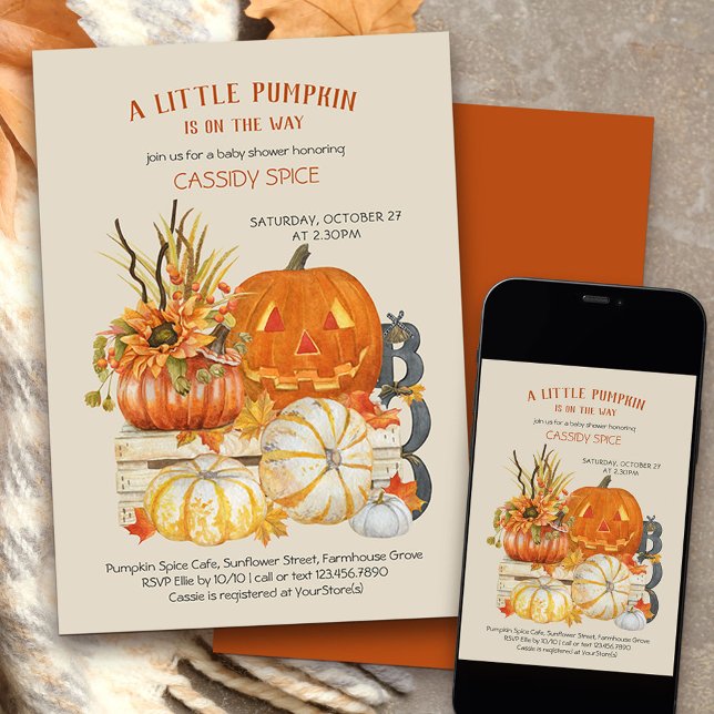 Little Pumpkin Rustic Halloween Baby Shower Invitation (Little Pumpkin on the Way Halloween themed baby shower invitation)