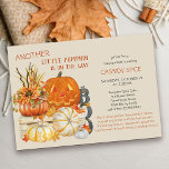 Little Pumpkin Rustic Halloween Baby Sprinkle Invitation<br><div class="desc">Another little pumpkin is on the way - rustic Halloween baby sprinkle invitation. Rustic watercolor design in gender neutral, rich autumn colours of burnt orange, golden yellow and grey. The illustration features an orange pumpkin with sunflowers, jack o lantern and white pumpkins on a farmhouse wooden crate, decorated with fall...</div>