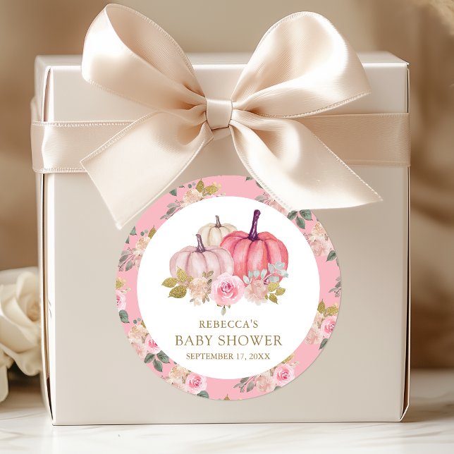 Little Pumpkin Rustic Pink Gold Floral Baby Shower Classic Round Sticker (Creator Uploaded)