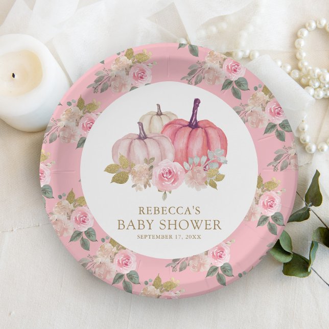 Little Pumpkin Rustic Pink Gold Floral Baby Shower Paper Plate (Creator Uploaded)