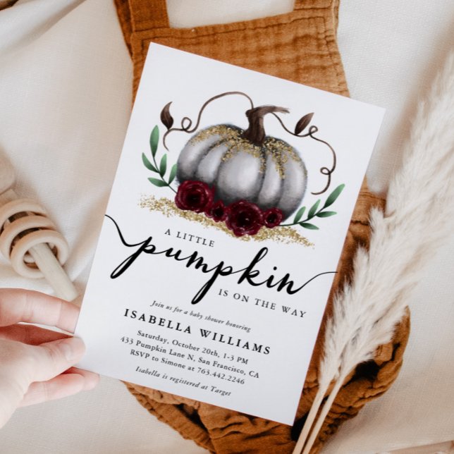 Little Pumpkin Rustic White Gold Baby Shower Invitation (Creator Uploaded)