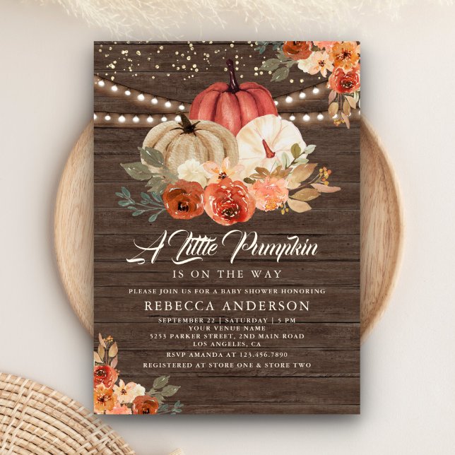 Little Pumpkin Rustic Wood Terracotta Baby Shower Invitation (Creator Uploaded)