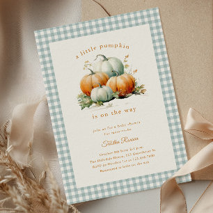 Little Pumpkin Sage Green Gingham Fall Baby Shower Invitation