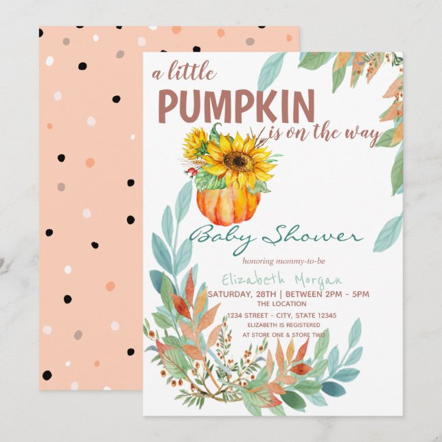 Little Pumpkin Sunflowers,Leaves,Dots Baby Shower Invitation (Front/Back)
