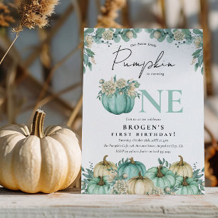 Little Pumpkin Teal Watercolor 1st Birthday Invitation
