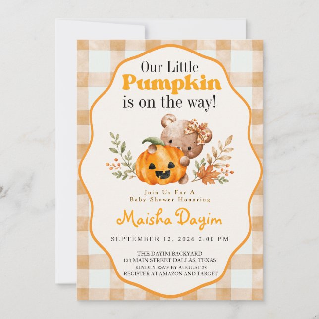 Little Pumpkin Teddy Bear Fall Baby Shower Invitation (Front)