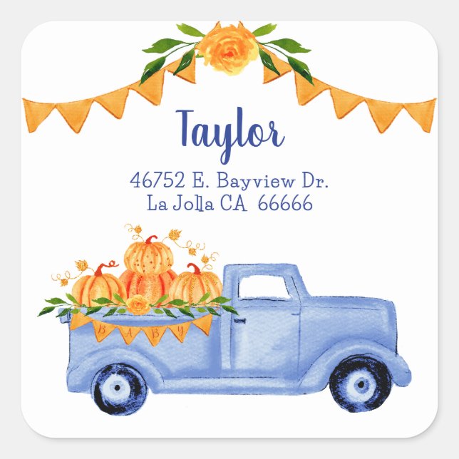 Little Pumpkin Triplet Baby Shower Return Address Square Sticker (Front)