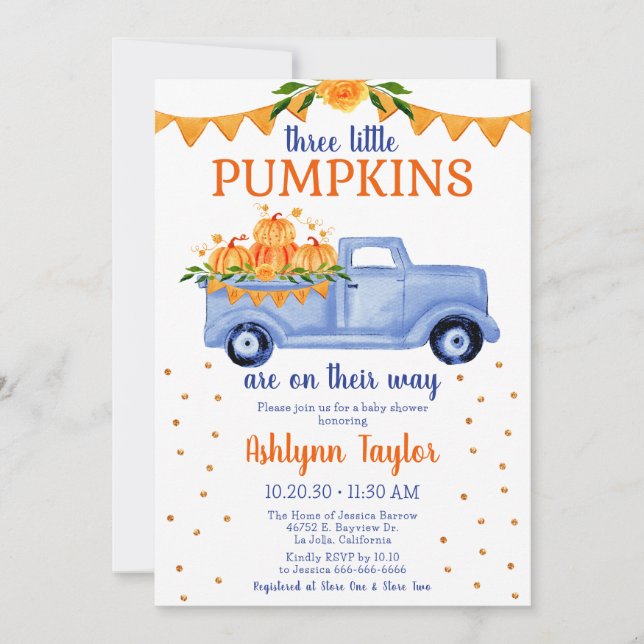 Little Pumpkin Triplet Boy Baby Shower Invitation (Front)