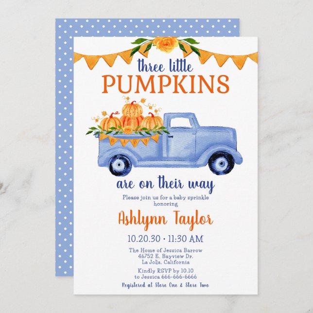 Little Pumpkin Triplet Boy Baby Sprinkle Invitation (Front/Back)