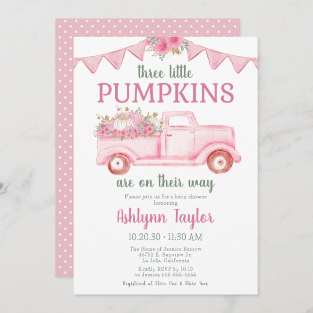 Little Pumpkin Triplet Girl Baby Shower Invitation (Front/Back)