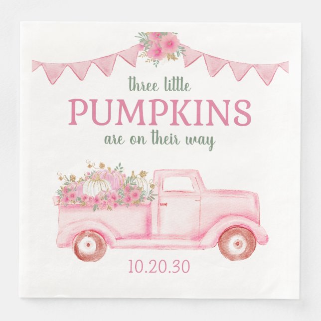 Little Pumpkin Triplet Girl Baby Shower Napkins (Front)