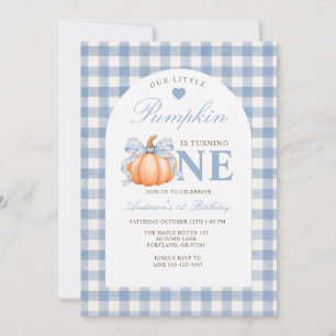 Little Pumpkin Turning One Blue Gingham Birthday Invitation