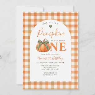 Little Pumpkin Turning One Fall Gingham Birthday Invitation