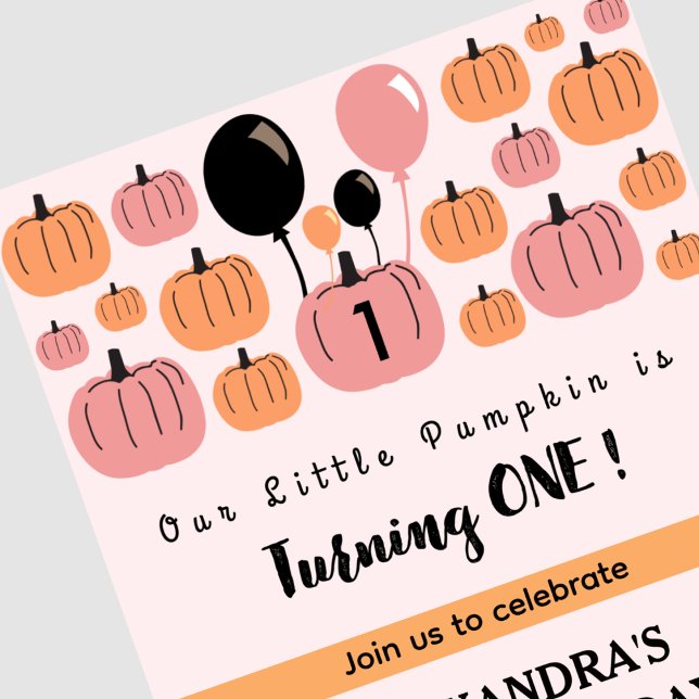 Little Pumpkin Turning one Halloween 1st Birthday Invitation (Halloween-1st-Birthday-Invitation-Little-Pumpkin-Turning-one-pink-1)