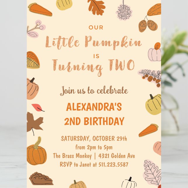 Little Pumpkin Turning two Halloween 2nd Birthday Invitation (Halloween-2nd-Birthday-Invitation-little-pumpkin-turning-two-1)